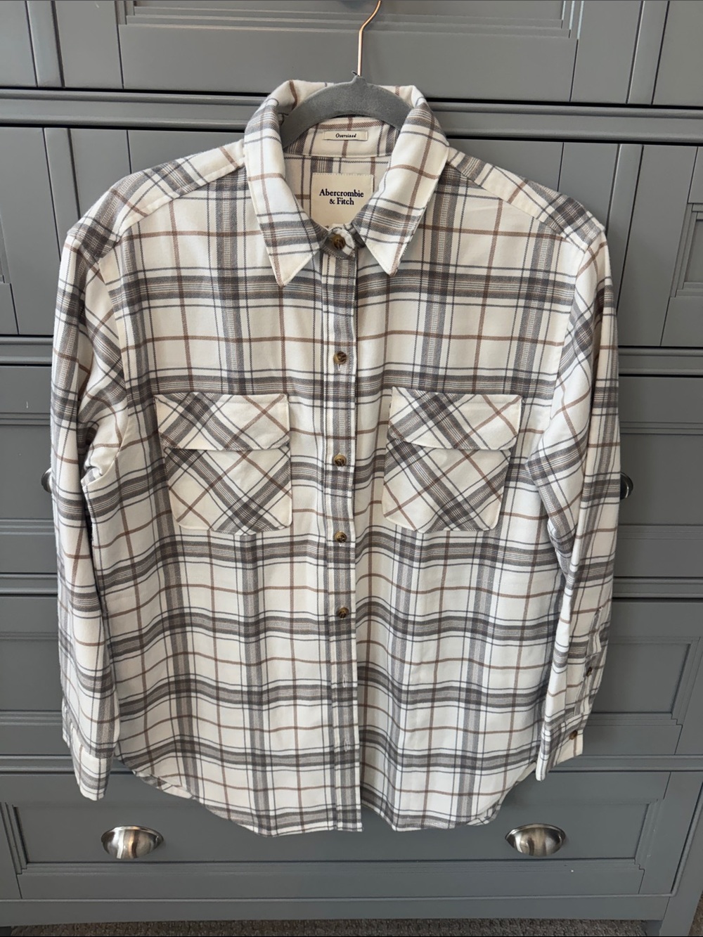 Abercrombie & Fitch Cream Plaid Button-Down Shirt with Gray and Brown Stripes